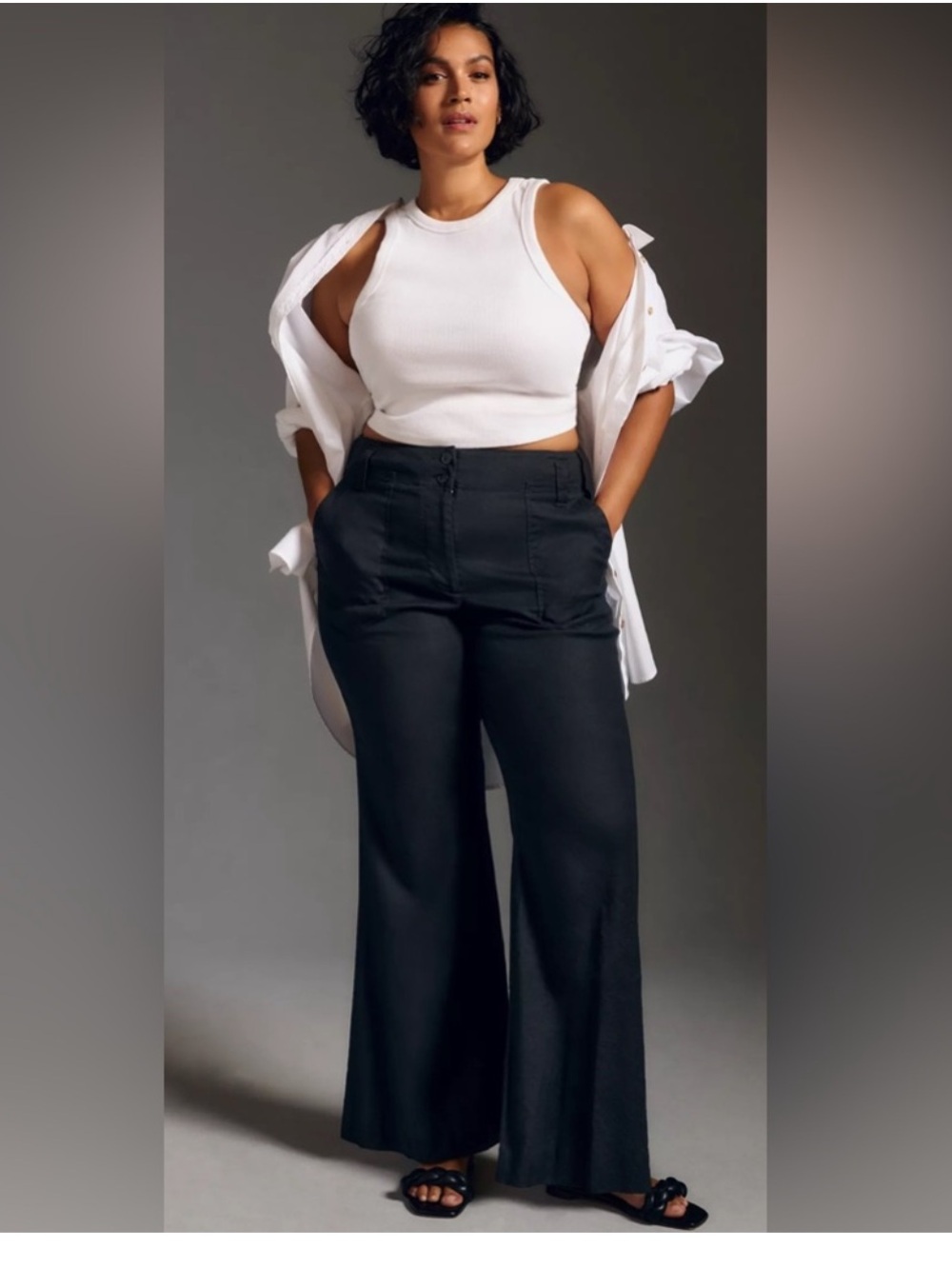 MAEVE Sz 8 Naomi Navy Blue Linen Blend Wide  Leg Flare Stretch Pants Orig $170